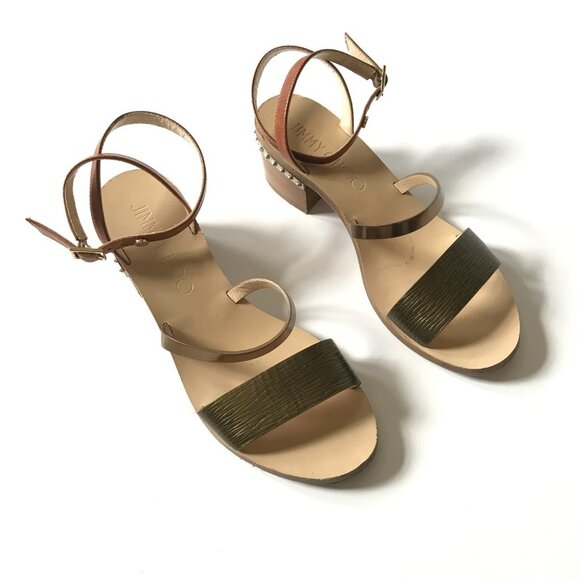 Jimmy Choo Leather Star Studded Wrap Sandals Womens 36.5 Brown Block Heels Shoes - Picture 3 of 13